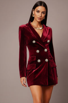 Wine red velvet double-breasted blazer dress with long sleeves and gold buttons
