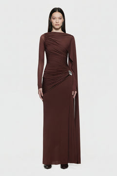 Brown ruched draped long-sleeve maxi dress with diagonal gathered sash detail