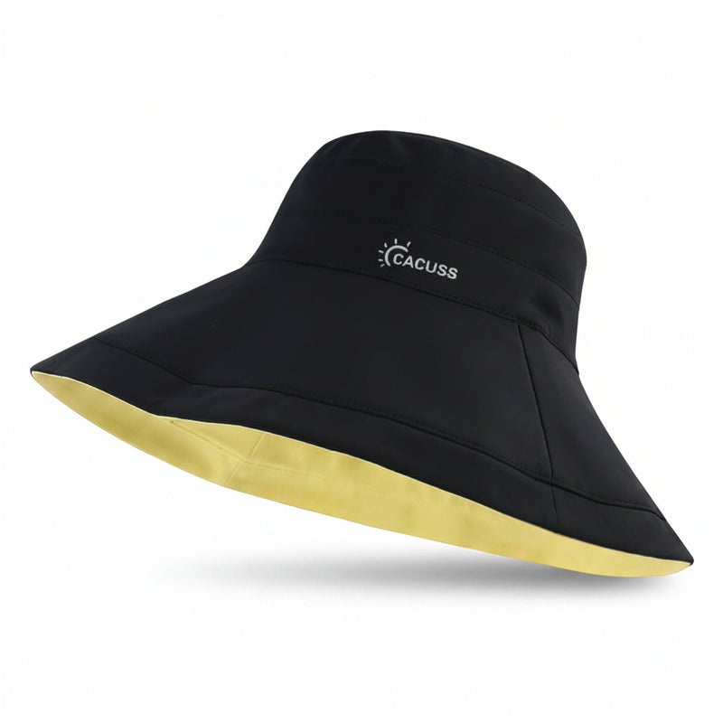 Black wide-brim sun hat with contrast yellow underside, stitched panel crown, CACCUS logo