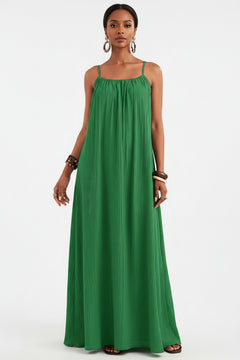 Green spaghetti strap flowy maxi dress with elasticated bodice and soft pleats