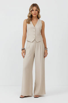 Dusty beige sleeveless V-neck button vest with pockets and wide-leg pants