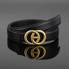 Leather belt with double circle buckle, black strap and gold-toned hardware