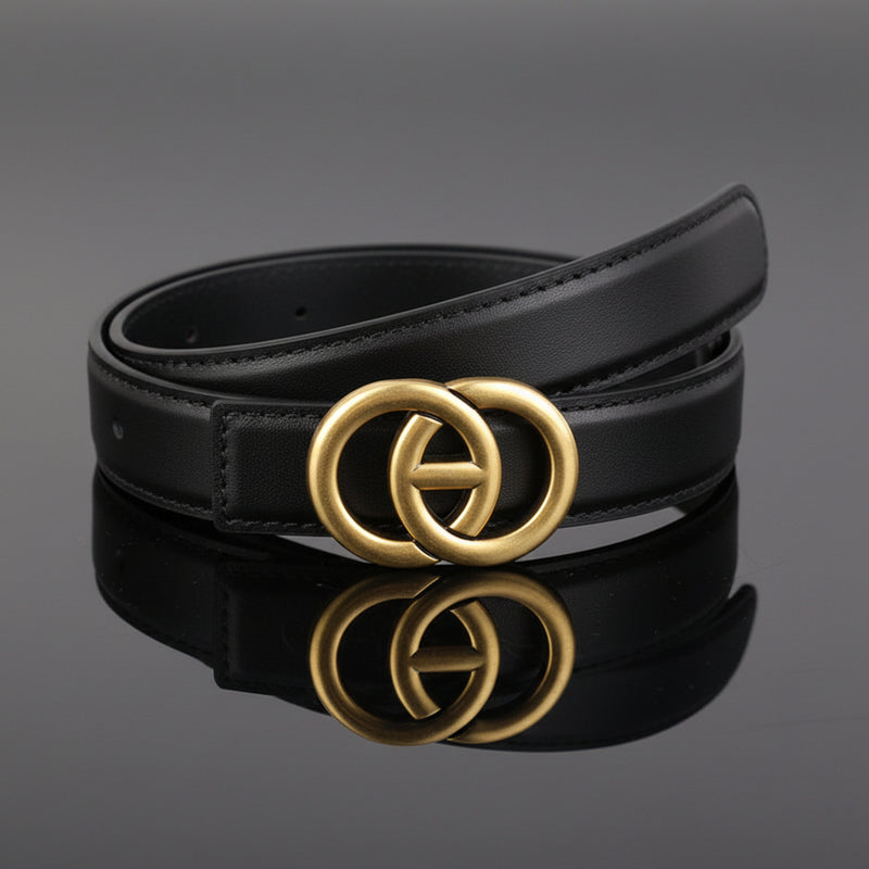 Leather belt with double circle buckle, black strap and gold-toned hardware