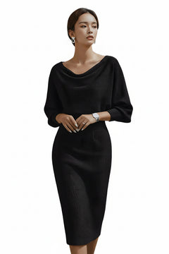 Black cowl-neck bodycon midi dress with draped neckline and wide elbow-length sleeves