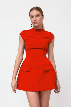 Mock neck A-line mini dress in bright red with short sleeves and front patch pockets