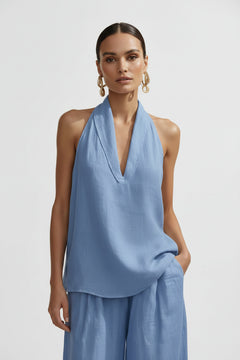 Sky blue halter neck top and wide-leg pants set, sleeveless halter and V cut