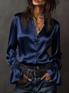 Navy satin button-up blouse with flounce cuffs and button front