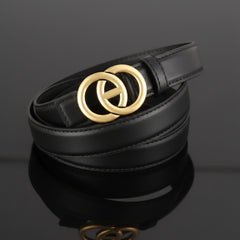 Leather belt with double circle buckle, black strap and gold-toned buckle close-up