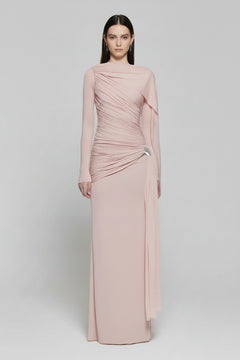 Pink ruched draped long-sleeve maxi dress with ruched diagonal wrap detail