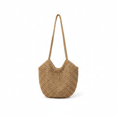 Woven straw hobo bag in khaki, rounded shape with open top and short shoulder handles