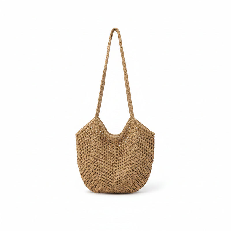 Woven straw hobo bag in khaki, rounded shape with open top and short shoulder handles
