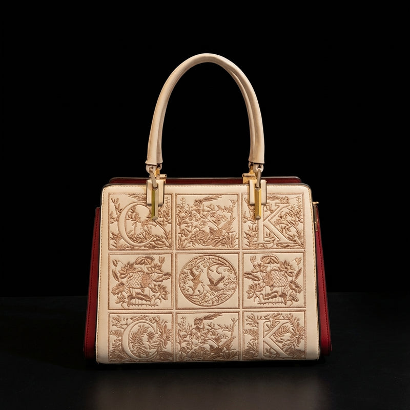 Handbag with embossed patterns on a black background
