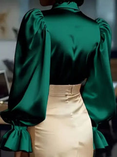 Green satin button-up blouse with pointed collar and ruched flounce cuffs